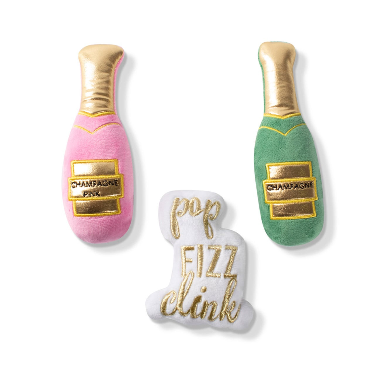 Fringe Studio Minis Champagne 3-Piece Plush Dog Toy Set in pink and green with "pop fizz clink" design.