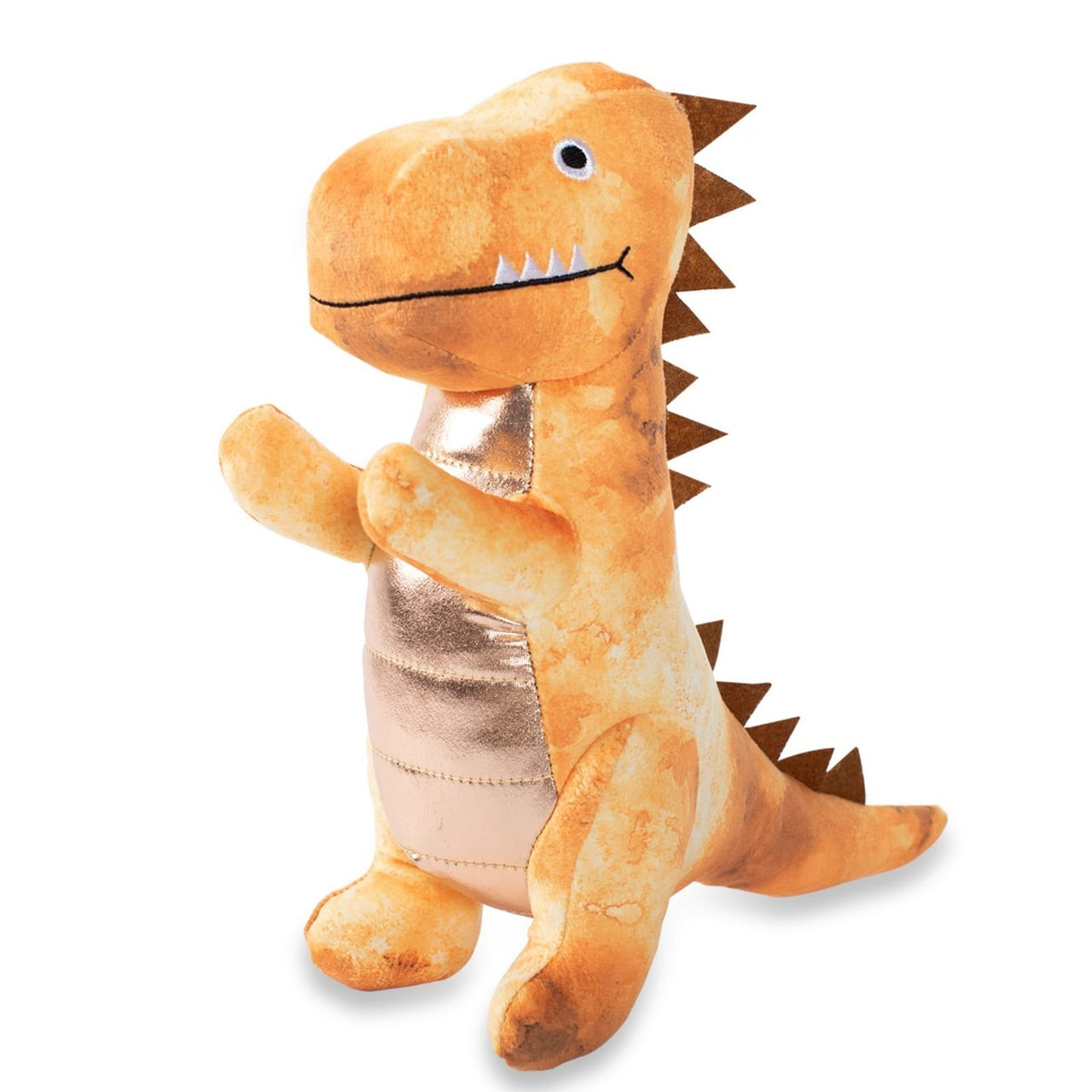 Fringe Studio Plush Squeaker Dog Toy in dinosaur shape, vibrant orange and gold colors.