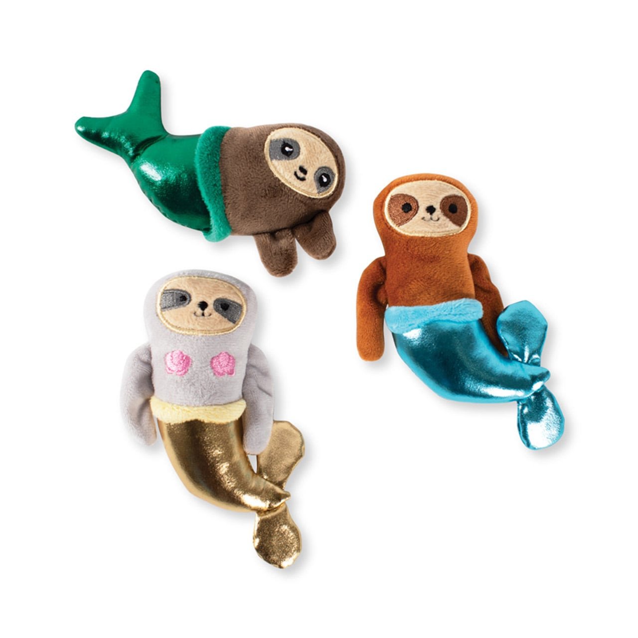Fringe Studio Minis Metallic Mersloth 3-piece plush dog toy set with colorful sloth designs.
