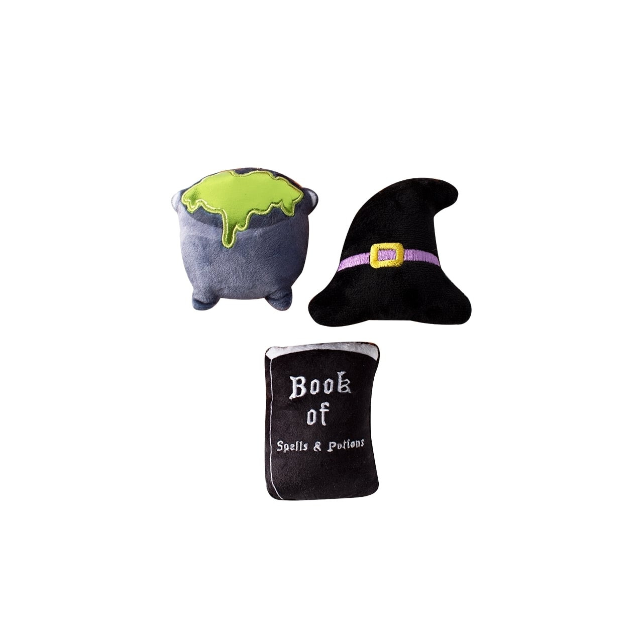 Fringe Studio Halloween Plush Squeaker Dog Toy set featuring cauldron, witch hat, and spellbook.