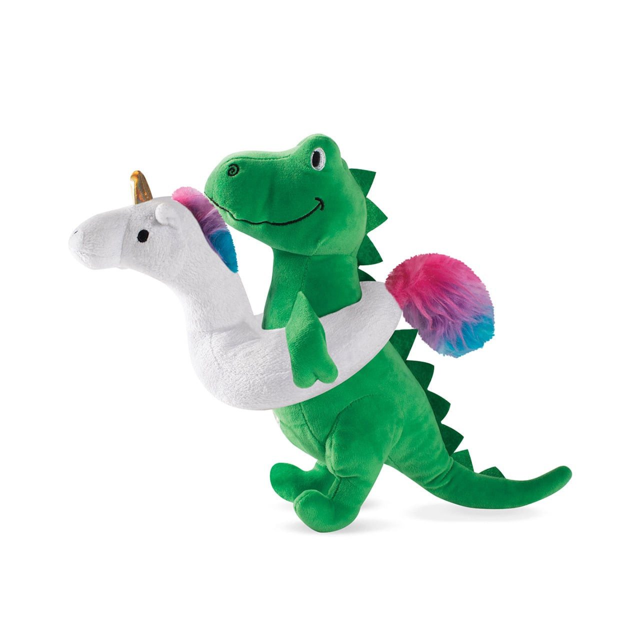 Fringe Studio Pool Time T-Rex plush toy with colorful unicorn floatie, perfect for dogs.
