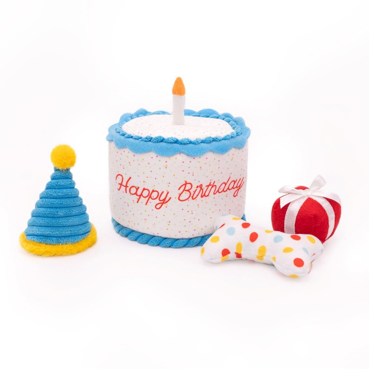 Zippy Paws Birthday Cake dog toy with three Miniz toys: hat, present, and bone.
