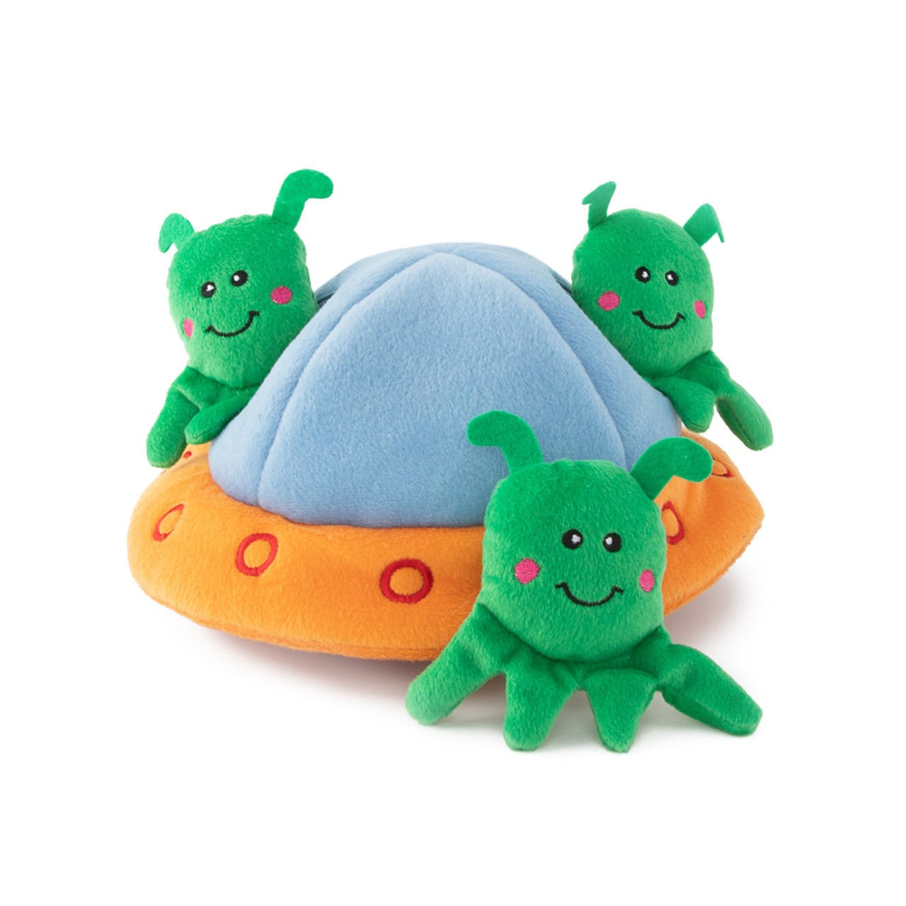 Zippy Paws Burrow Squeaker Dog Toy features a UFO with three green alien characters.