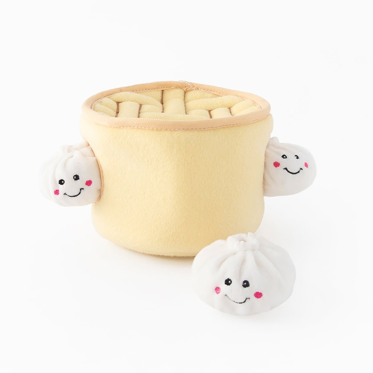 Zippy Paws Burrow Interactive Dog Toy featuring a soup dumpling design with cute faces.