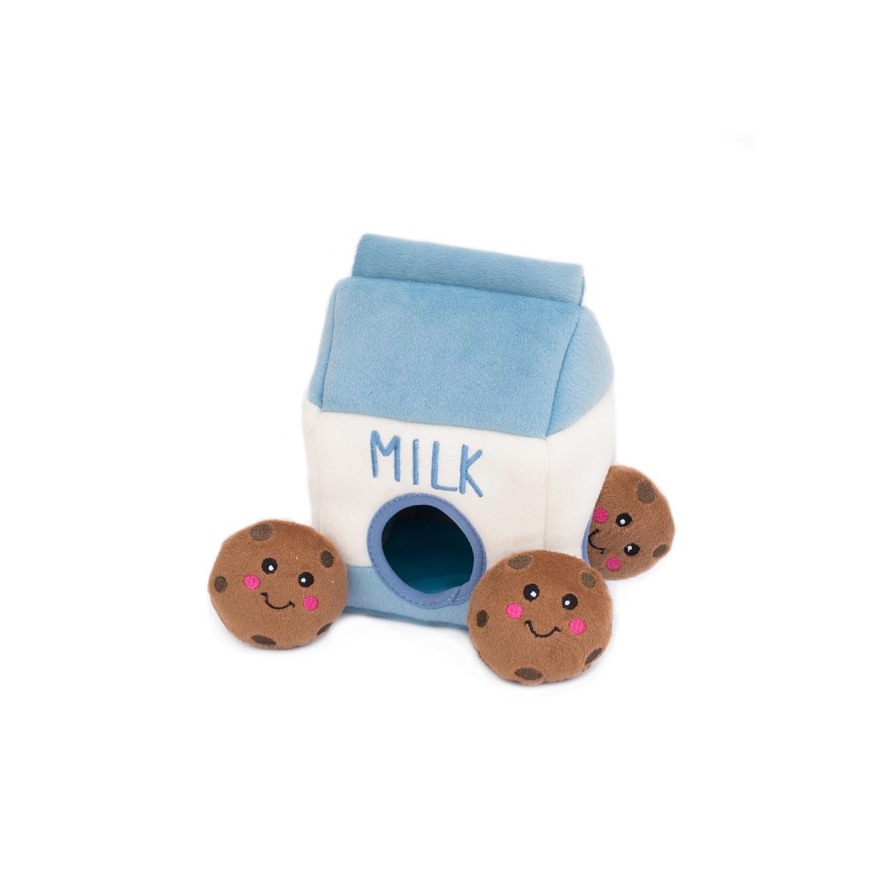 Zippy Paws Milk and Cookies toy set with plush milk carton and cookie toys.