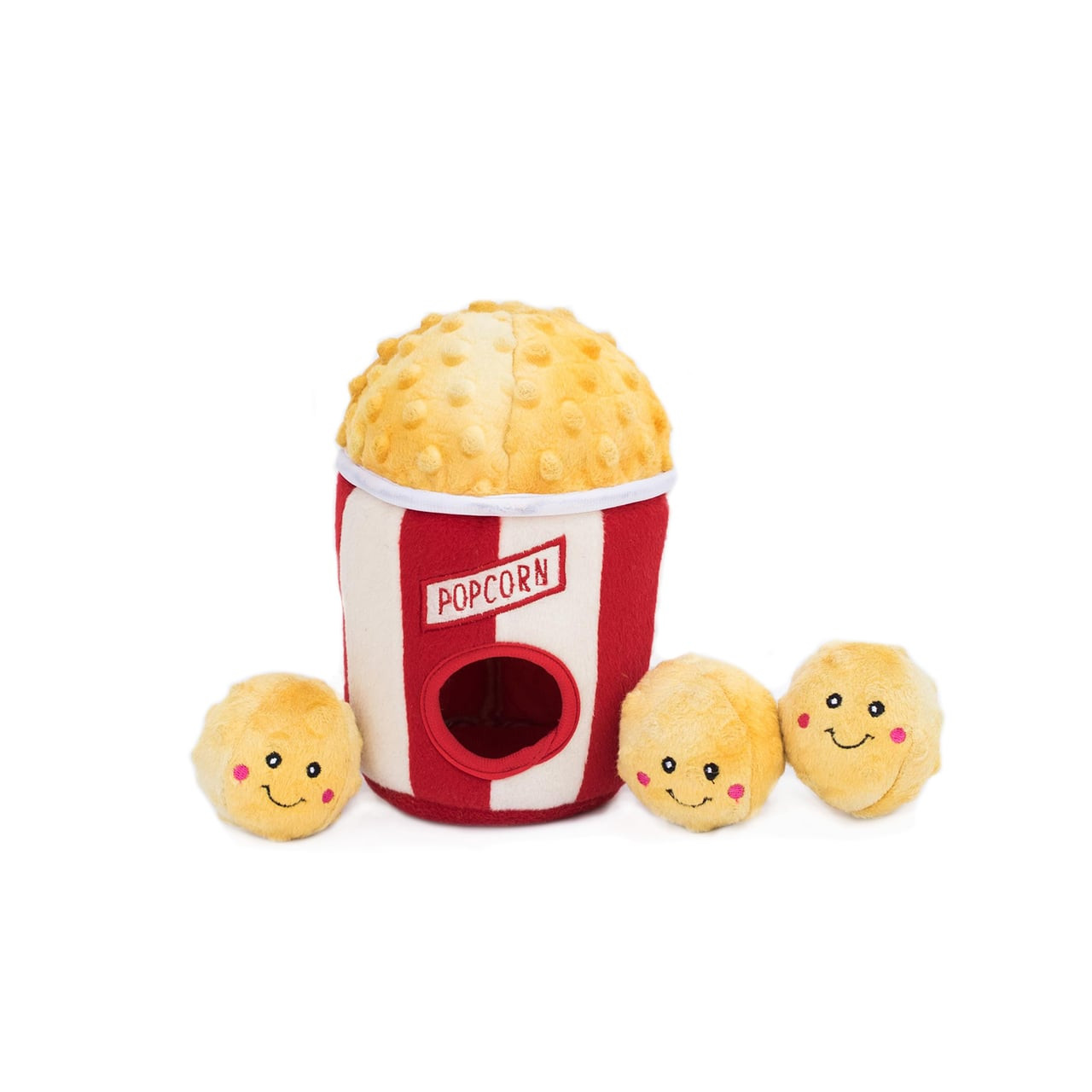 Zippy Paws Burrow Interactive Dog Toy with popcorn bucket and smiling popcorn pieces.