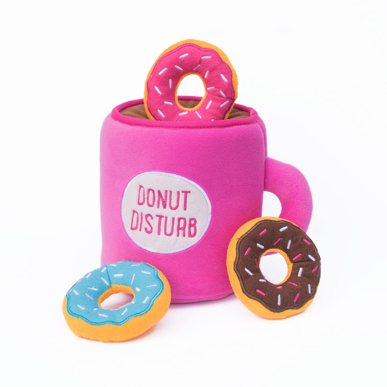 Zippy Paws Burrow toy featuring a coffee cup and three squeaky colorful donuts.