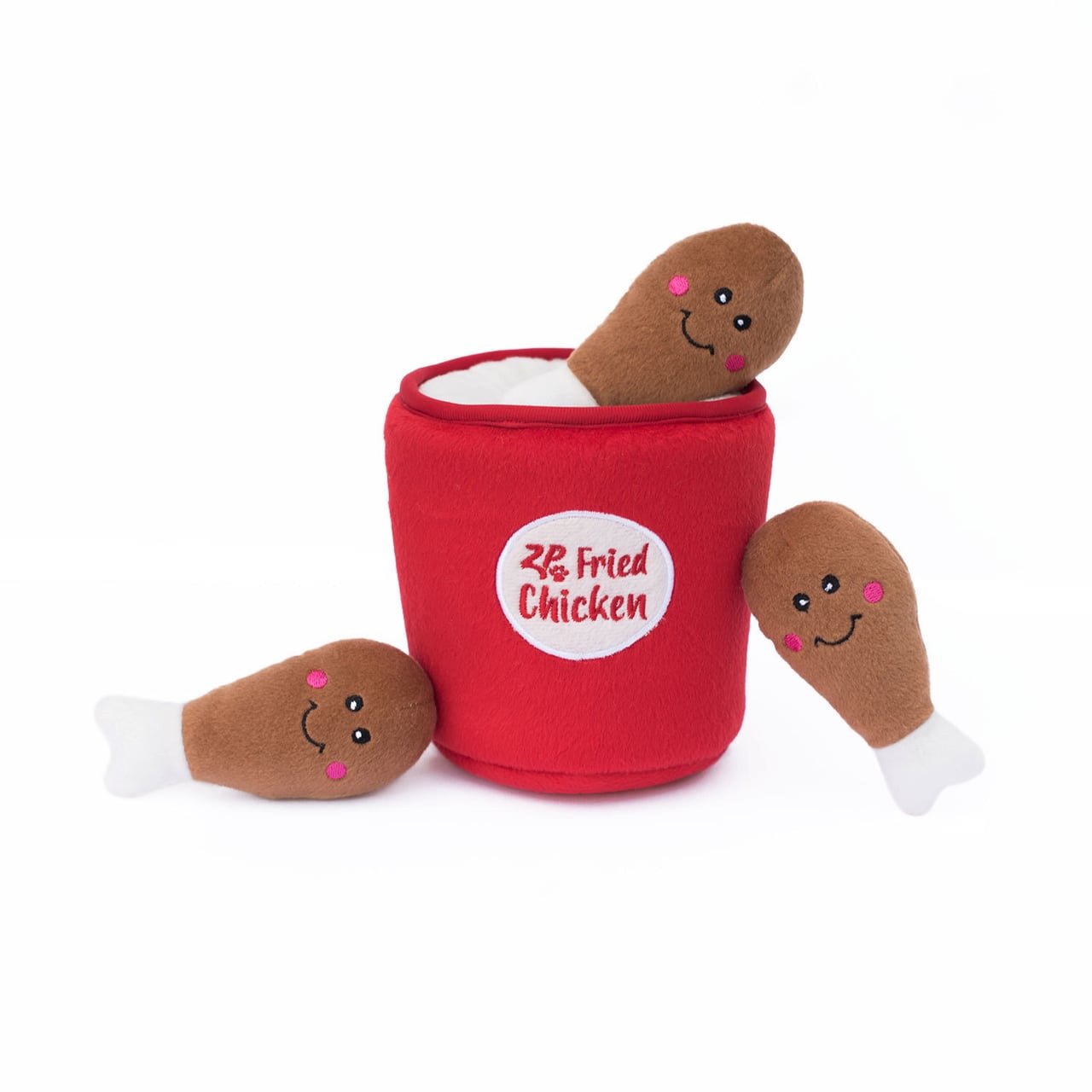 Zippy Paws Burrows Bucket of Chicken dog toy with cute plush drumsticks.