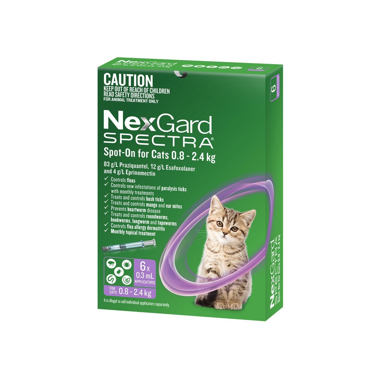 NexGard Spectra for small cats and kittens 0.8-2.4 kg, purple 6-pack for pet health.