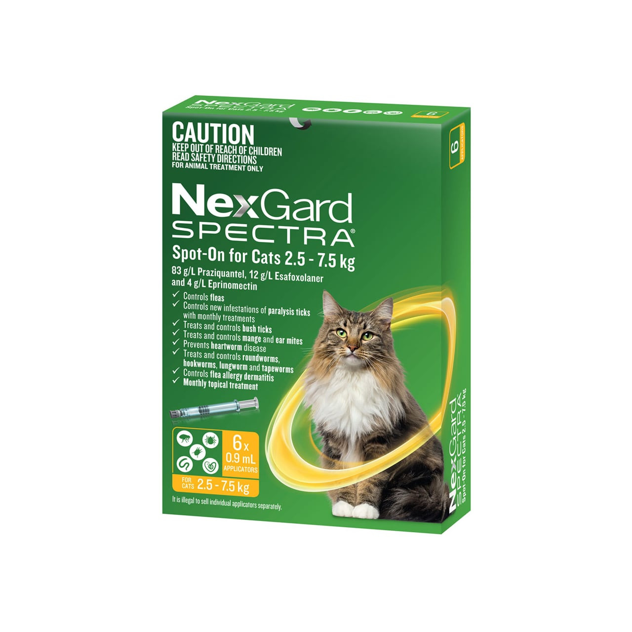 NexGard Spectra for Cats 2.5-7.5 kg, yellow packaging, 6 pack, effective flea and tick treatment.
