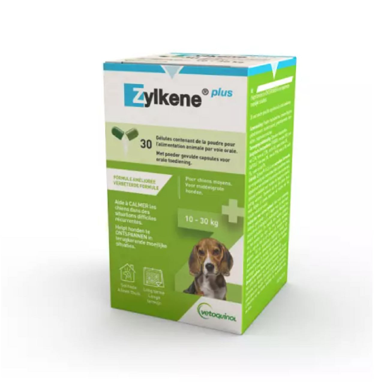 Zylkene Plus Calming Supplement for Dogs 10-30kg, 30 capsules, promotes pet health and relaxation.
