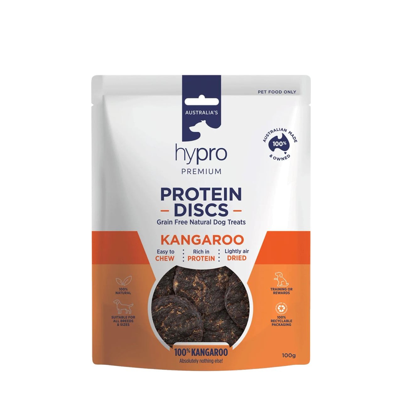 Hypro Premium Kangaroo Protein Discs 100g, grain-free dog treats rich in protein and easy to chew.