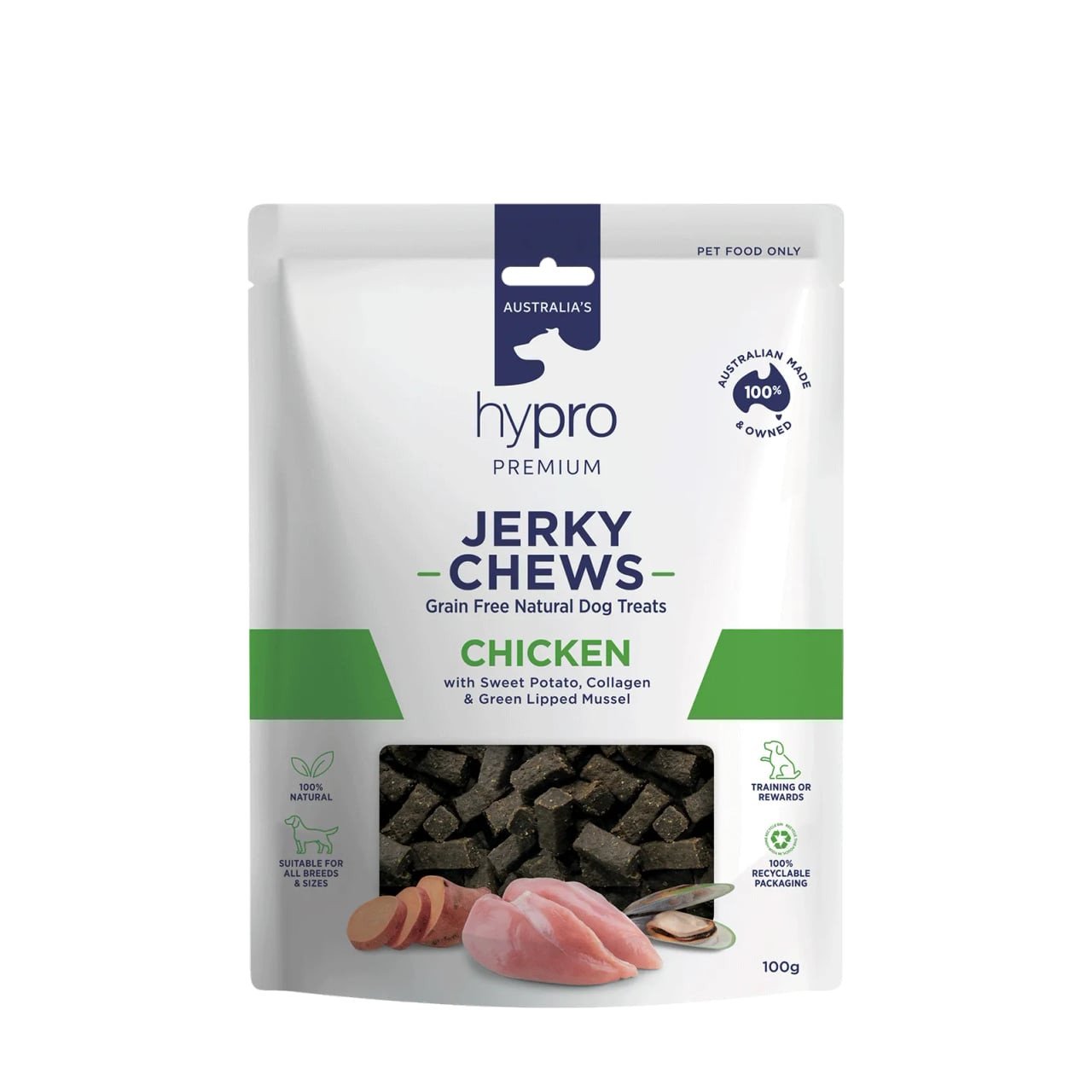 Hypro Premium Chicken Jerky Chews, 100g pack, grain-free dog treats with sweet potato.