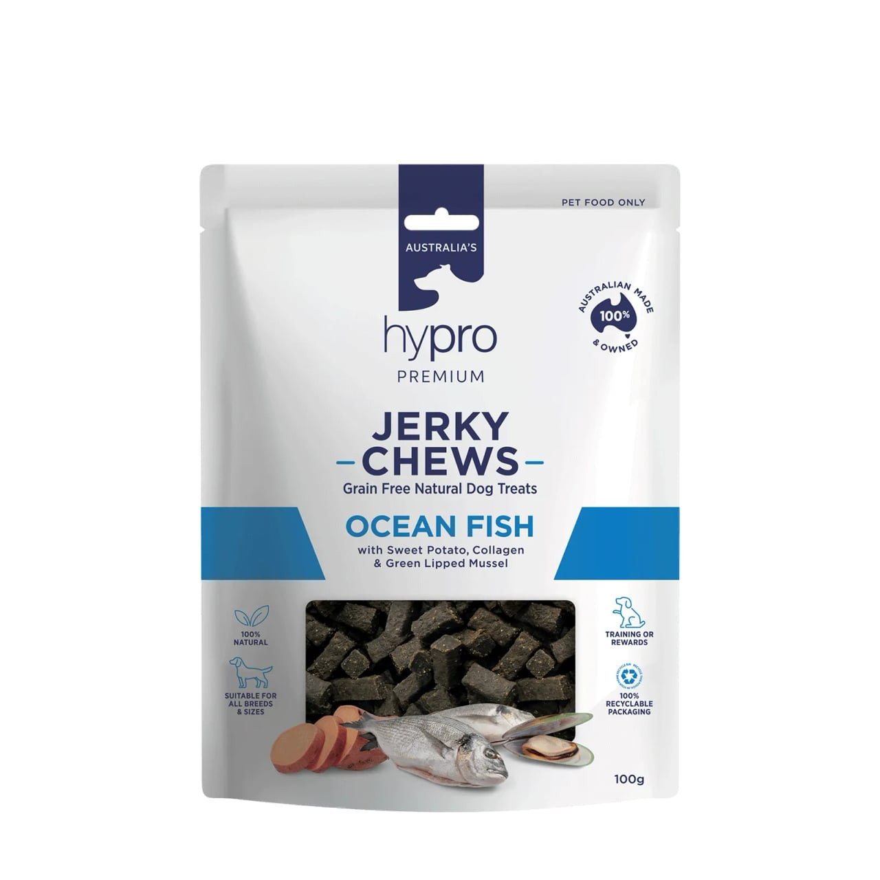 Hypro Premium Ocean Fish Jerky Chews packaging with natural ingredients for dogs, 100g.