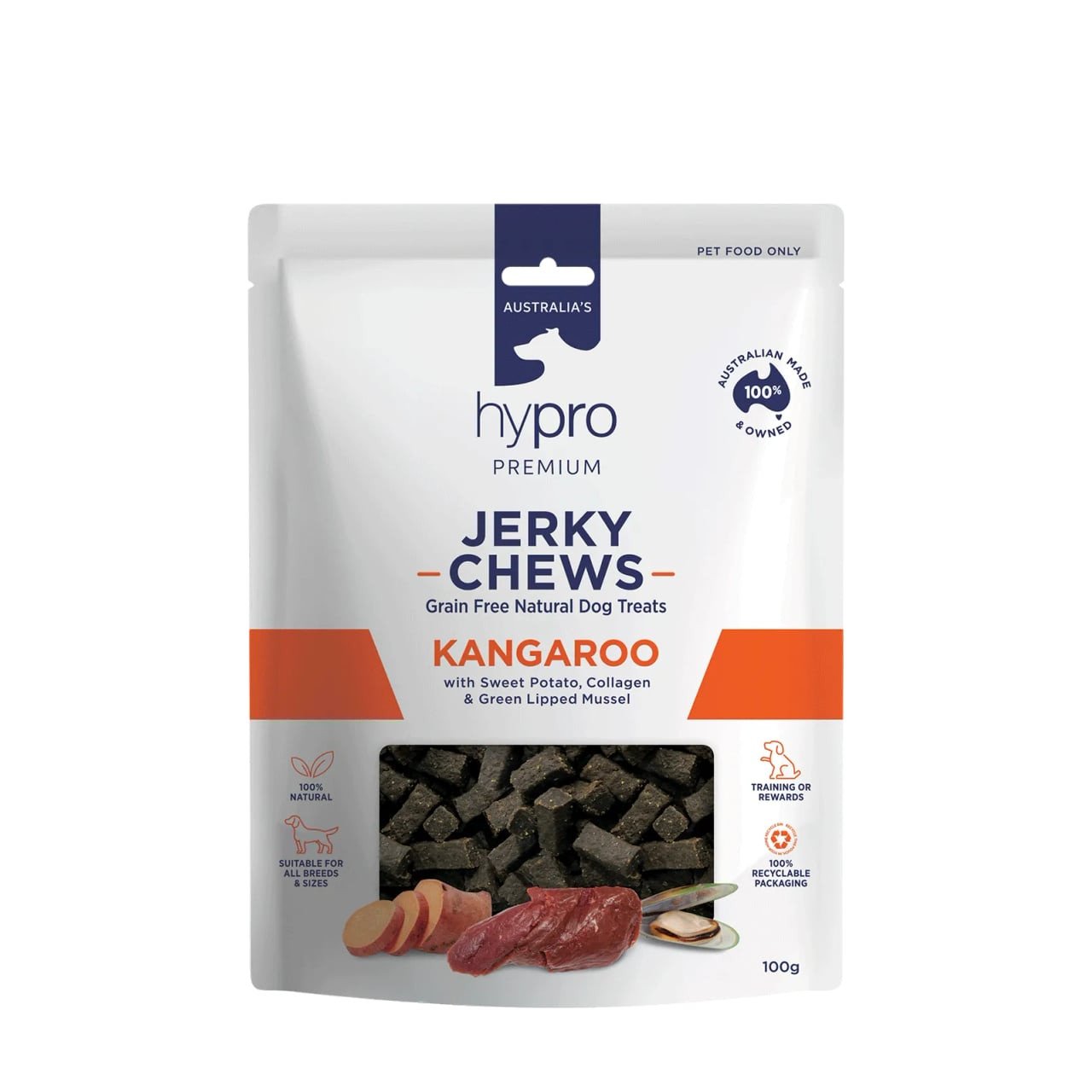 Hypro Premium Kangaroo Jerky Chews 100g, grain-free dog treats with sweet potato and collagen.