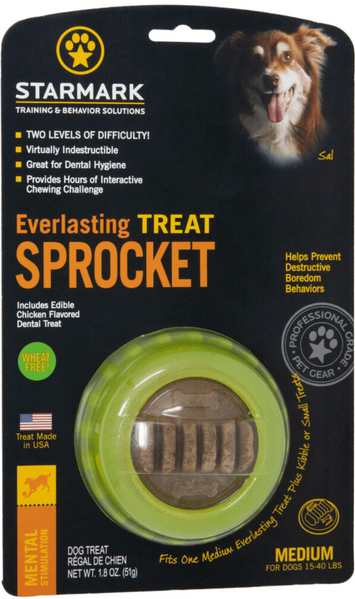 Starmark Everlasting Sprocket in green packaging for dogs, promotes dental health and boredom relief.