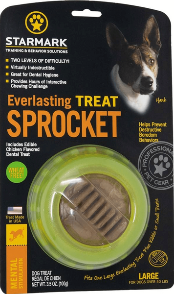 Starmark Everlasting Sprocket in green, a durable dental treat for dogs over 40 lbs.