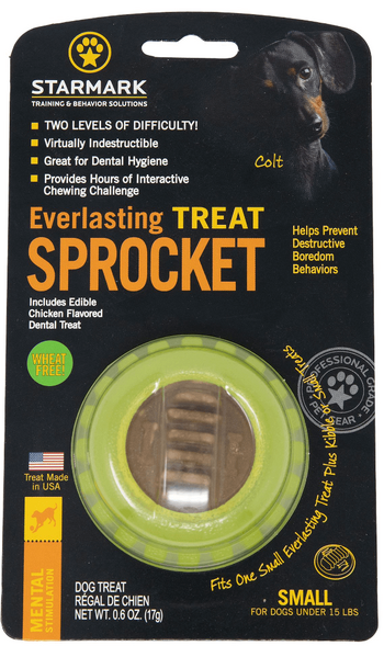 Starmark Everlasting Sprocket small dog treat for dental health, includes edible chicken flavor.