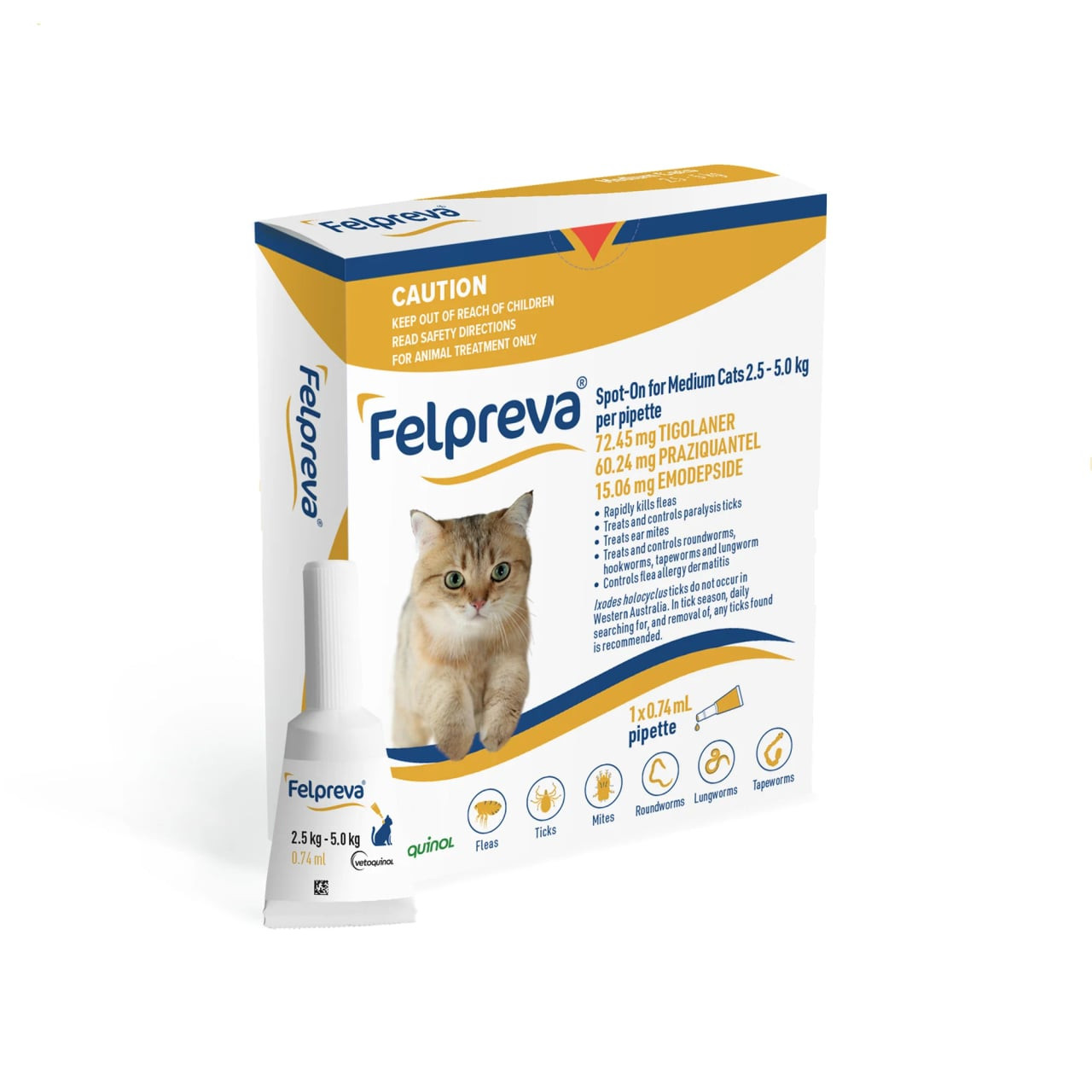 Felpreva Spot-On for Medium Cats, 2.5-5kg, 1PK, effective flea and tick treatment.