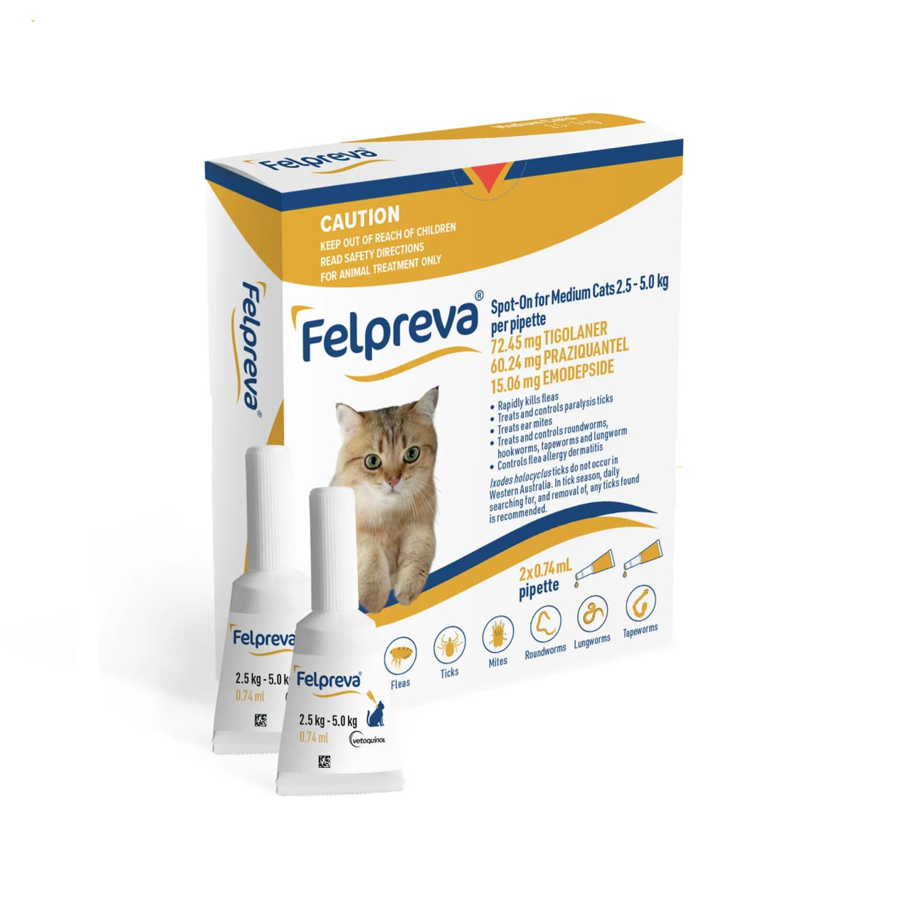 Felpreva Spot-On for Medium Cats 2.5-5kg, two pipettes for effective pet health treatment.