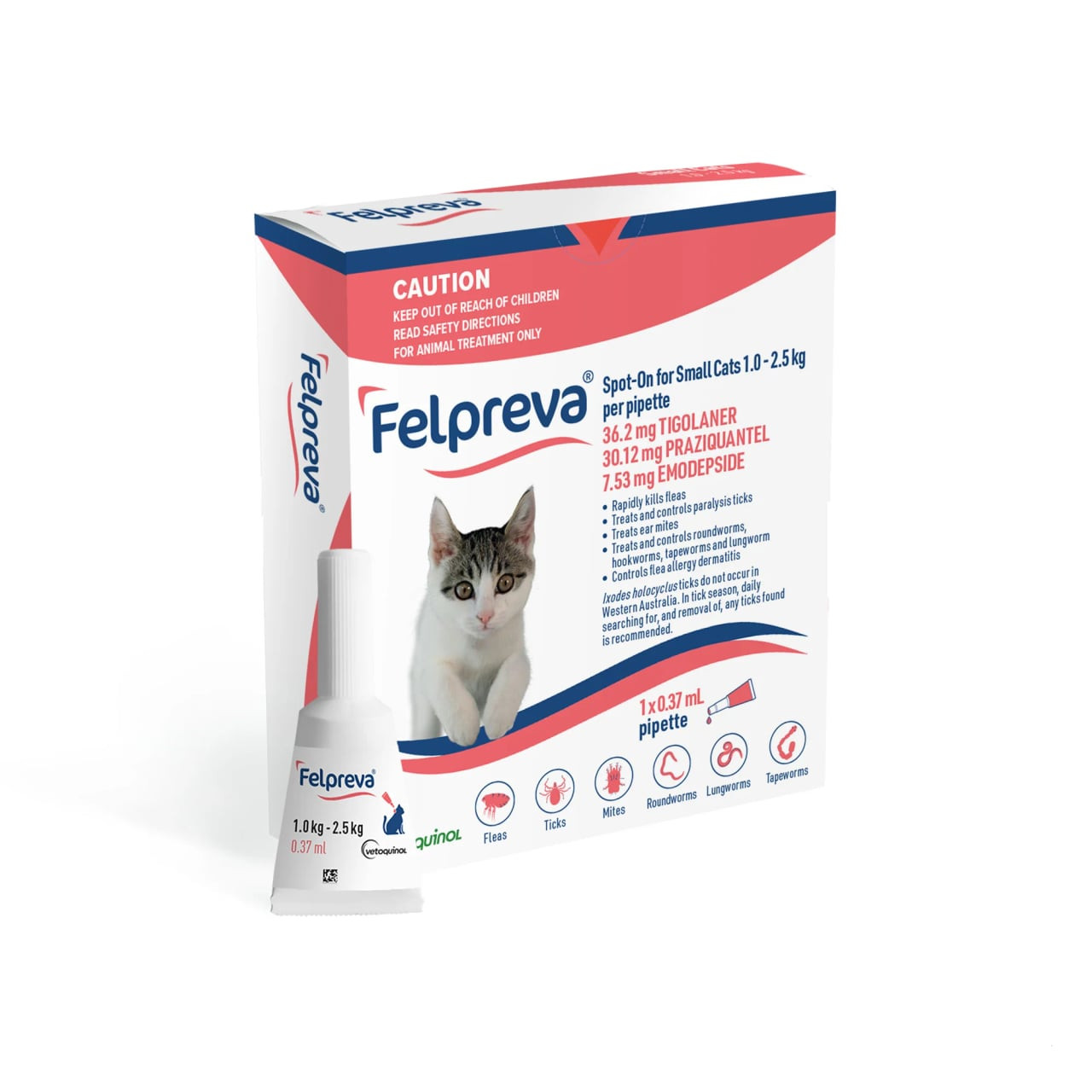 Felpreva Spot-On for Small Cats, 1-2.5kg, package with pipette for parasite treatment.