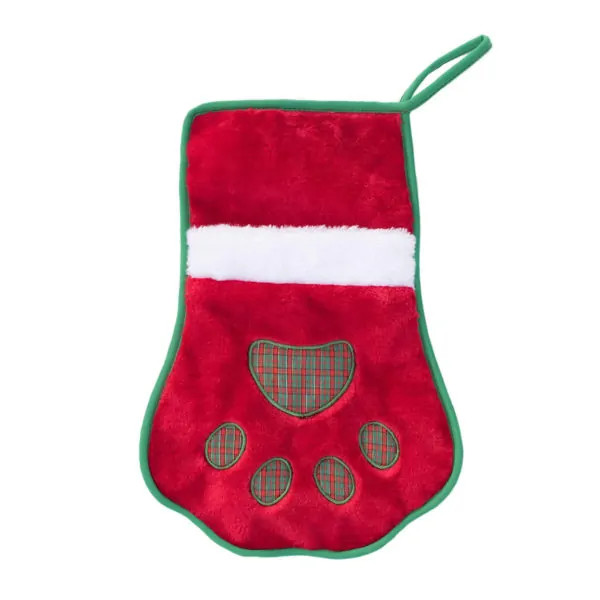 Zippy Paws Holiday Red Paw Stocking with green trim and festive plaid pattern.