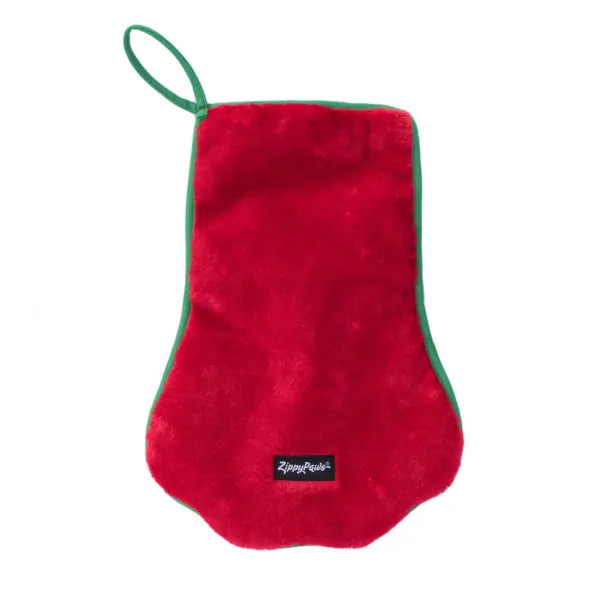 Zippy Paws Holiday Red Paw Stocking in plush red with green trim for pets.