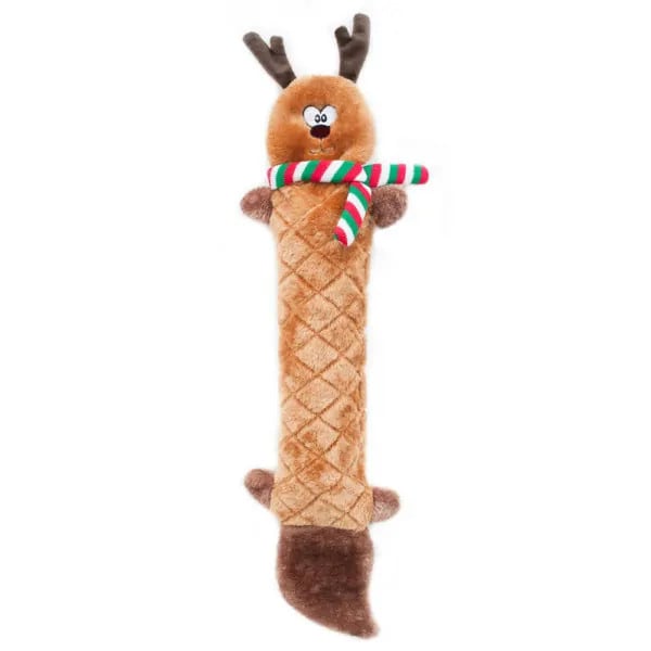 Zippy Paws Holiday Jigglerz Reindeer plush toy with a scarf and antlers for festive fun.