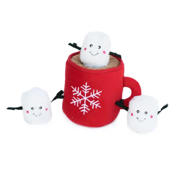 Zippy Paws Holiday Burrow Hot Cocoa toy set with red mug and smiling marshmallows.