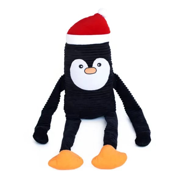 Zippy Paws Holiday Crinkle Jumbo Penguin plush toy with a red Santa hat and crinkly texture.