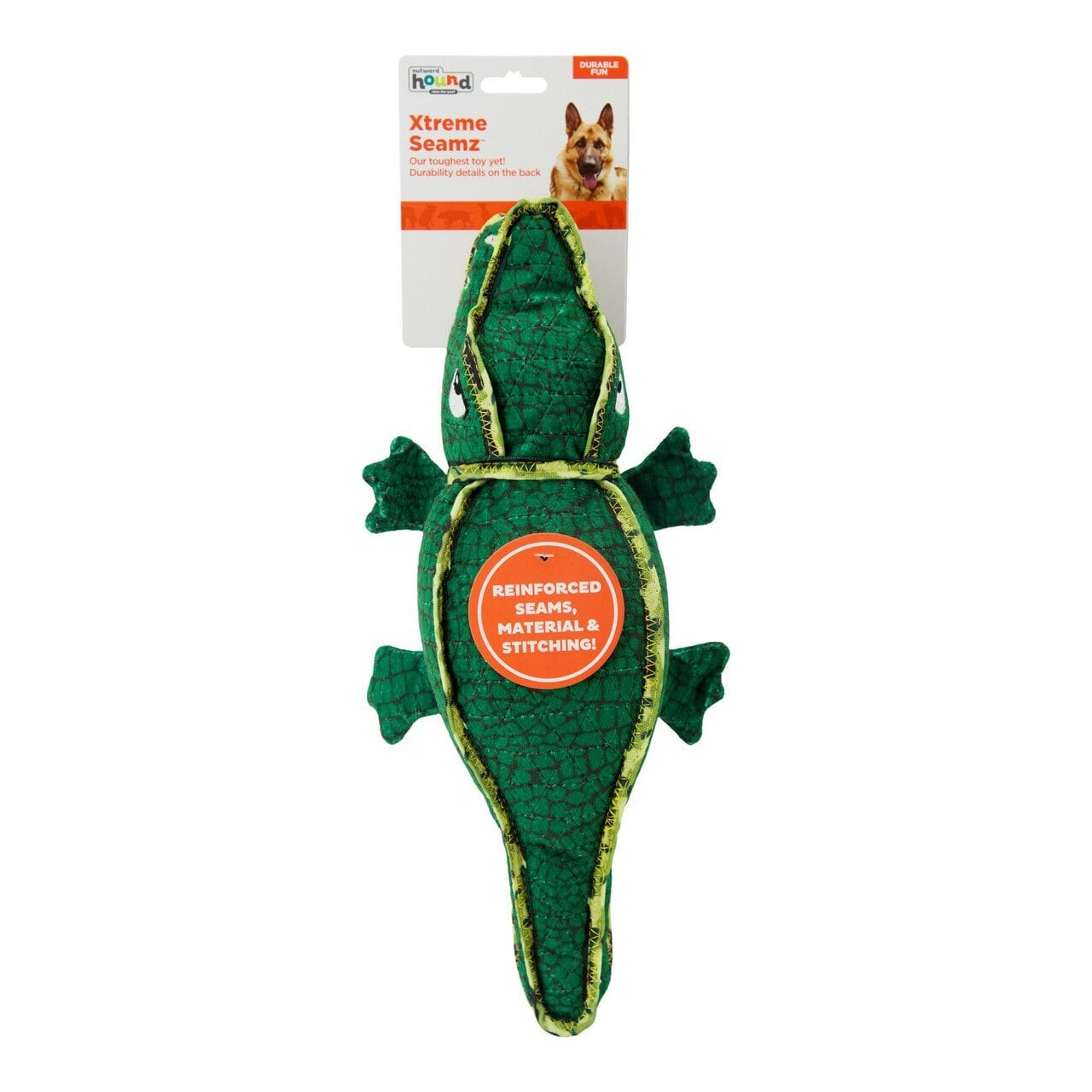 Outward Hound Xtreme Seamz Squeaker Dog Toy in alligator shape, featuring durable seams and vibrant green color.