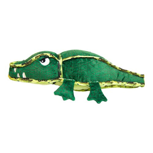 Outward Hound Xtreme Seamz Squeaker Dog Toy in alligator design, green color, durable fabric.