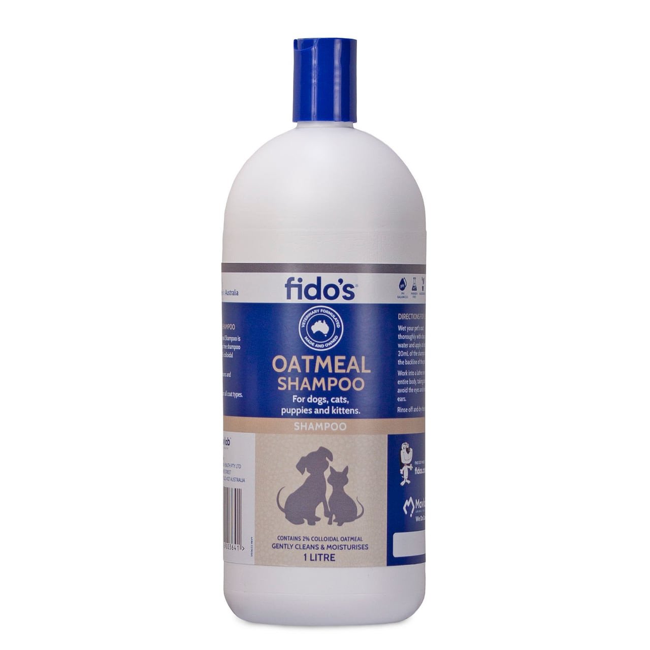 Fido's Oatmeal Shampoo 1L, gentle formula for dogs, cats, puppies, and kittens.
