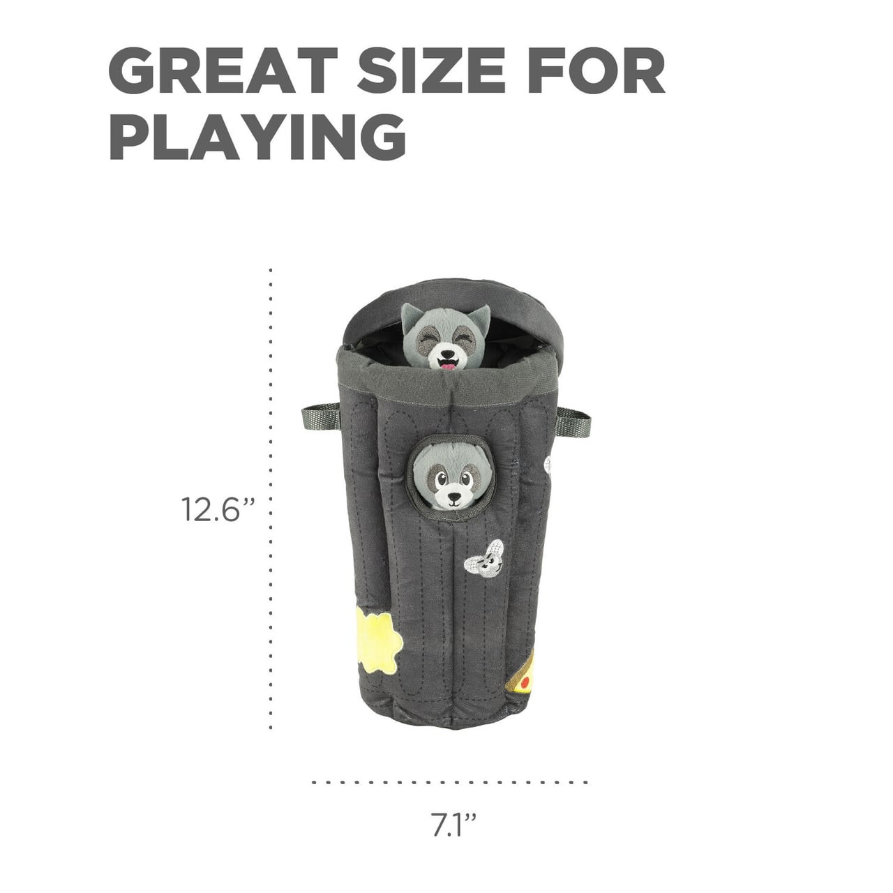 Outward Hound Hide A Raccoon Plush Dog Puzzle toys in a textured, interactive container.