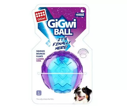 GiGwi Ball Large, blue and purple, squeaky dog toy for active play and fetch.