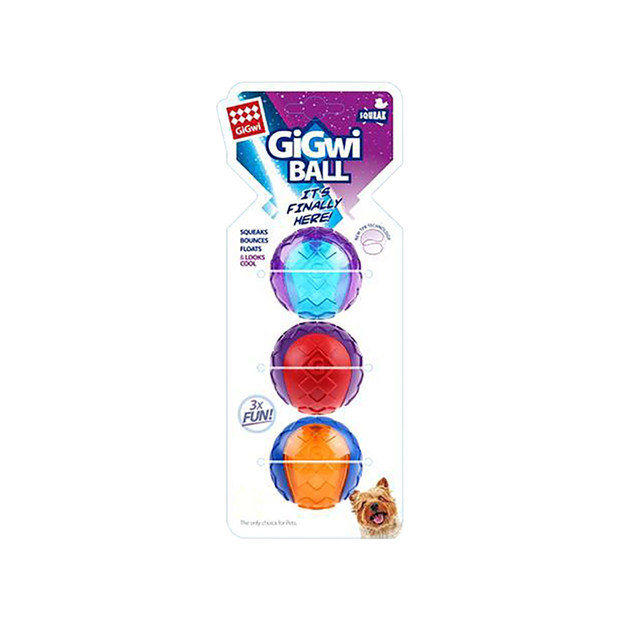 GiGwi Ball Small 3 Pack featuring colorful, squeaky balls for dogs with fun textures.