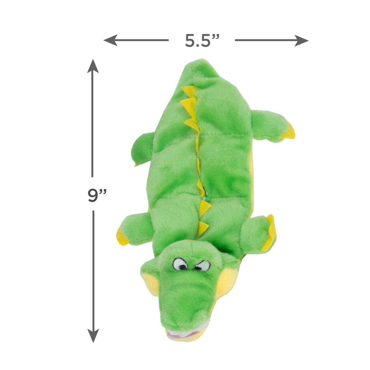Outward Hound Mini Gator squeaker dog toy, green plush, 5.5” x 9” size.
