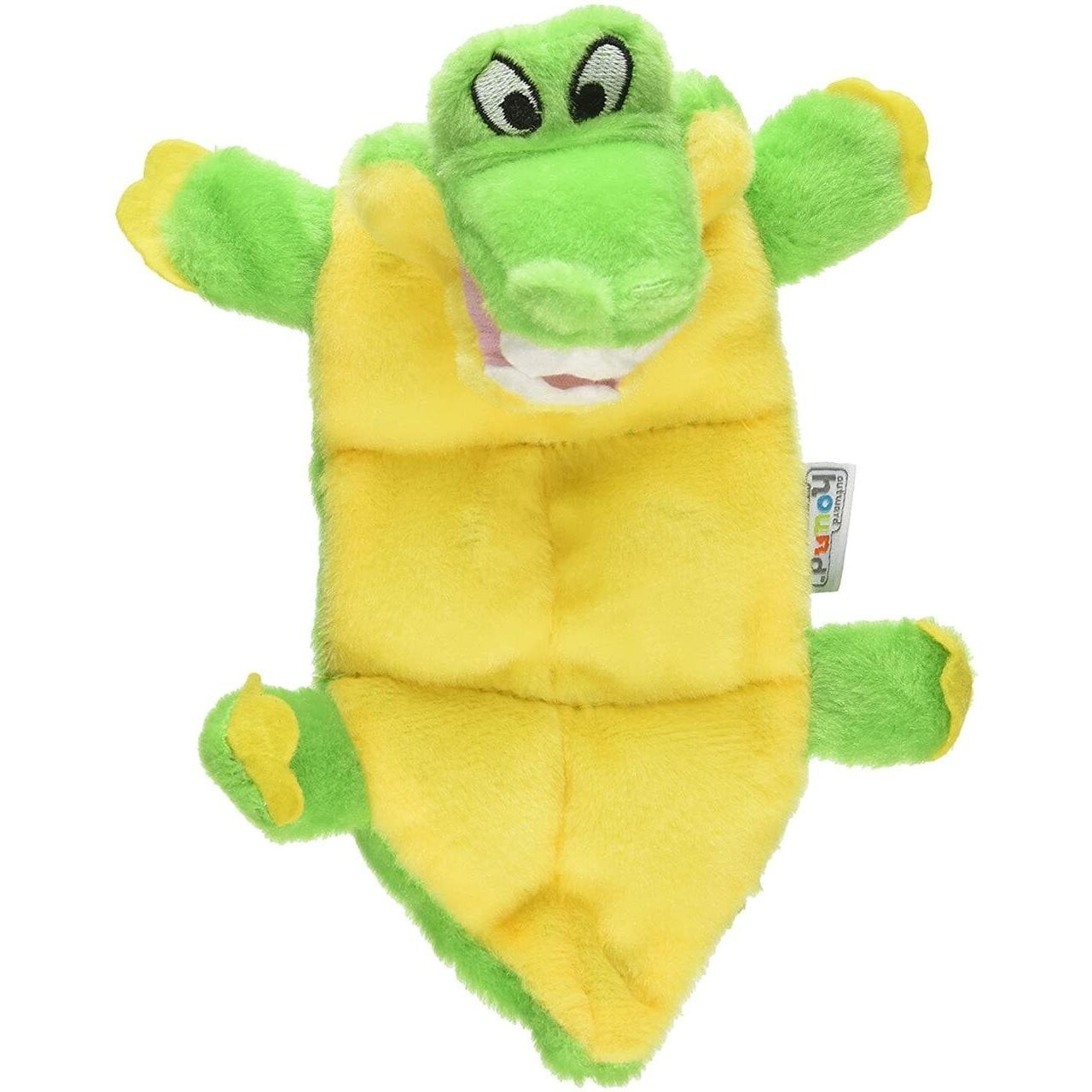 Outward Hound Squeaker Matz Mini Gator dog toy in vibrant green and yellow colors.