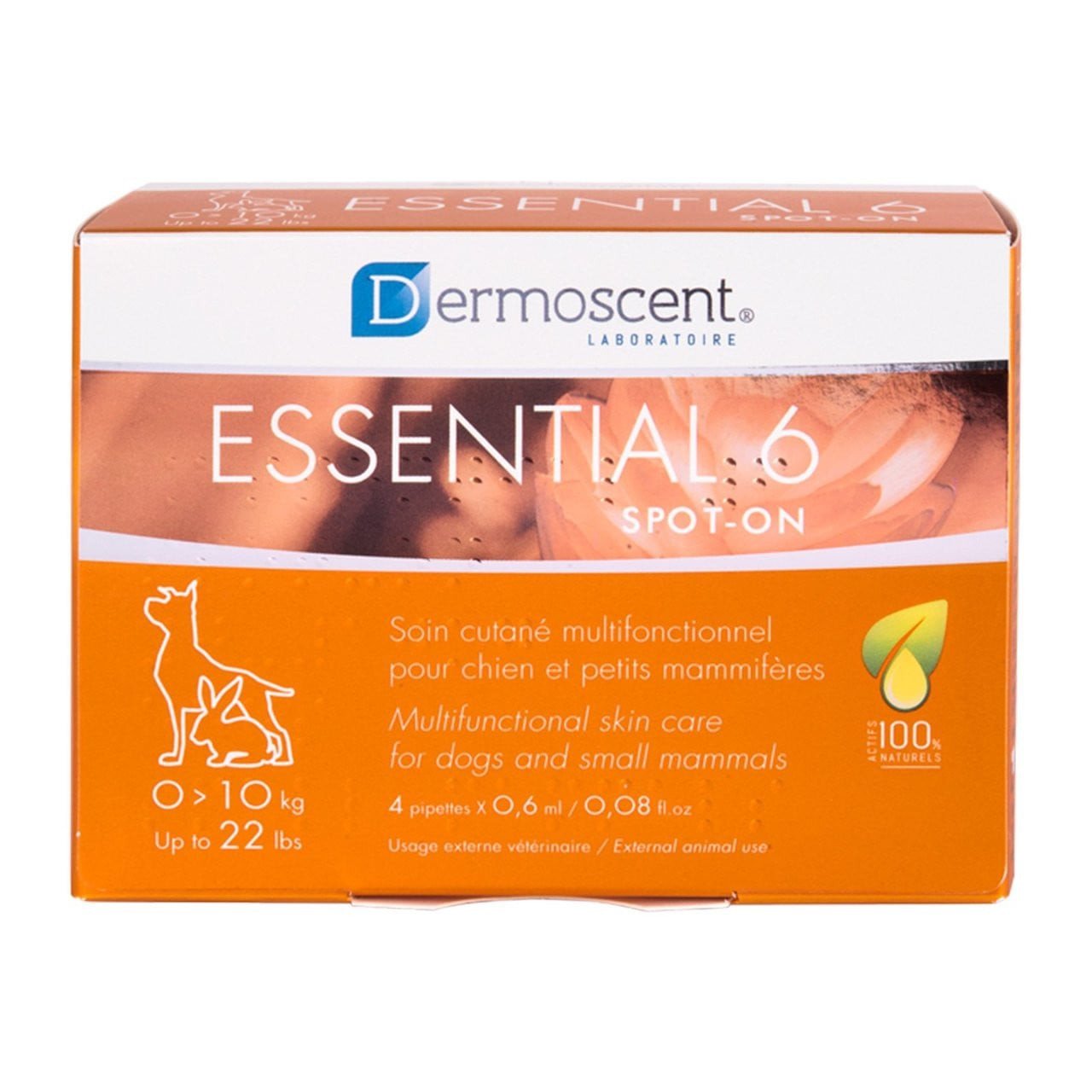 Dermoscent Essential 6 Spot-On for dogs, orange packaging, suitable for small dogs up to 10kg.