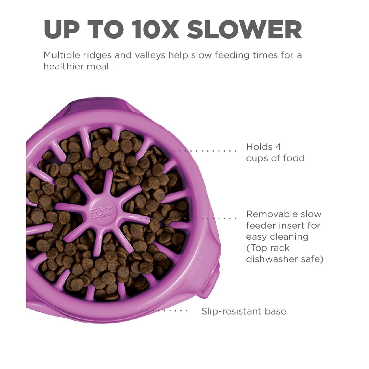 Purple Outward Hound 3-in-1 adjustable dog bowl holds 4 cups, features slow feeder design.