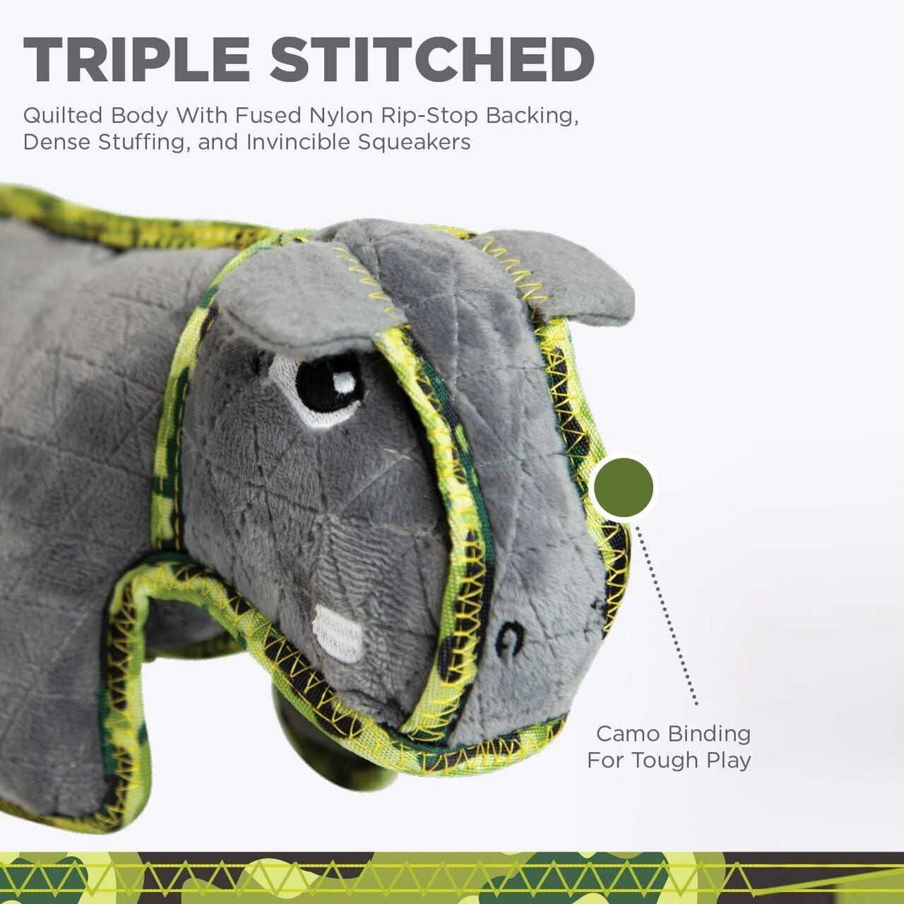 Outward Hound Xtreme Seamz Squeaker Dog Toy in hippo shape with durable stitching and camo binding.
