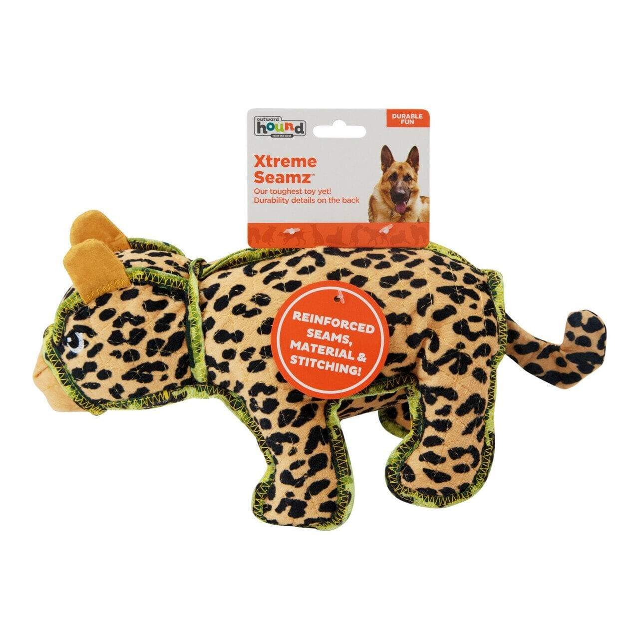 Outward Hound Xtreme Seamz leopard squeaker dog toy with reinforced seams and vibrant colors.