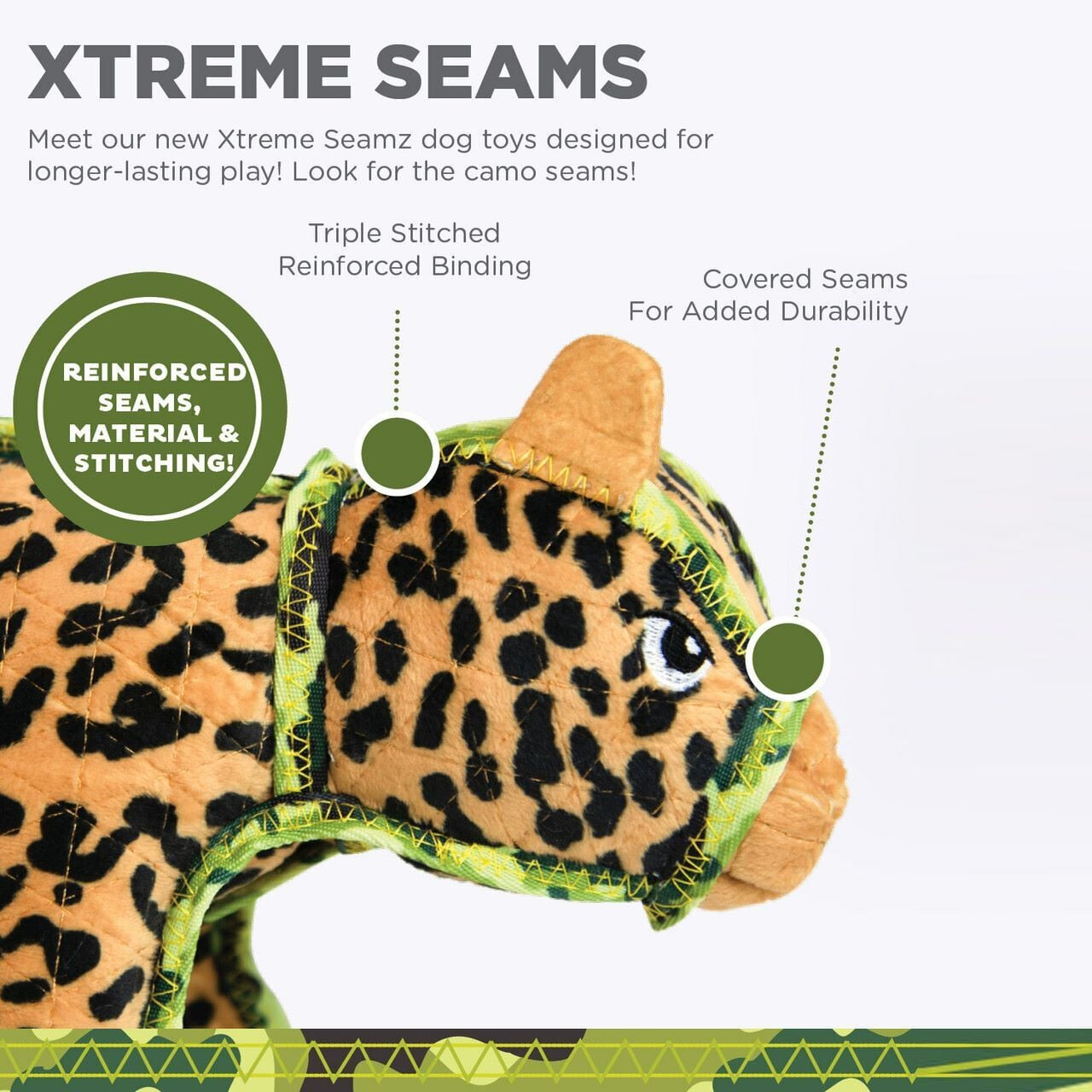 Outward Hound Xtreme Seamz Leopard Squeaker Dog Toy with reinforced seams for durability.