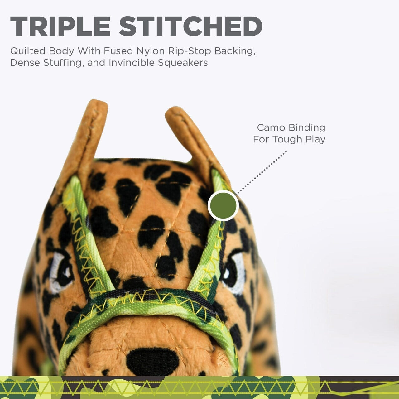 Outward Hound Xtreme Seamz Leopard Squeaker Dog Toy features a durable, quilted body with camo binding.