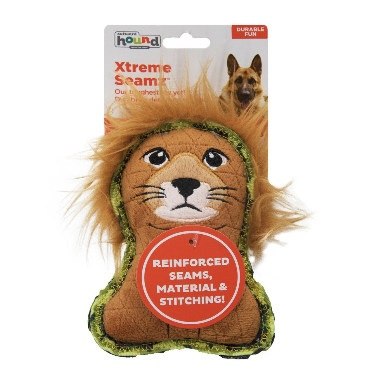 Outward Hound Xtreme Seamz Squeaker Dog Toy in lion shape with reinforced seams.