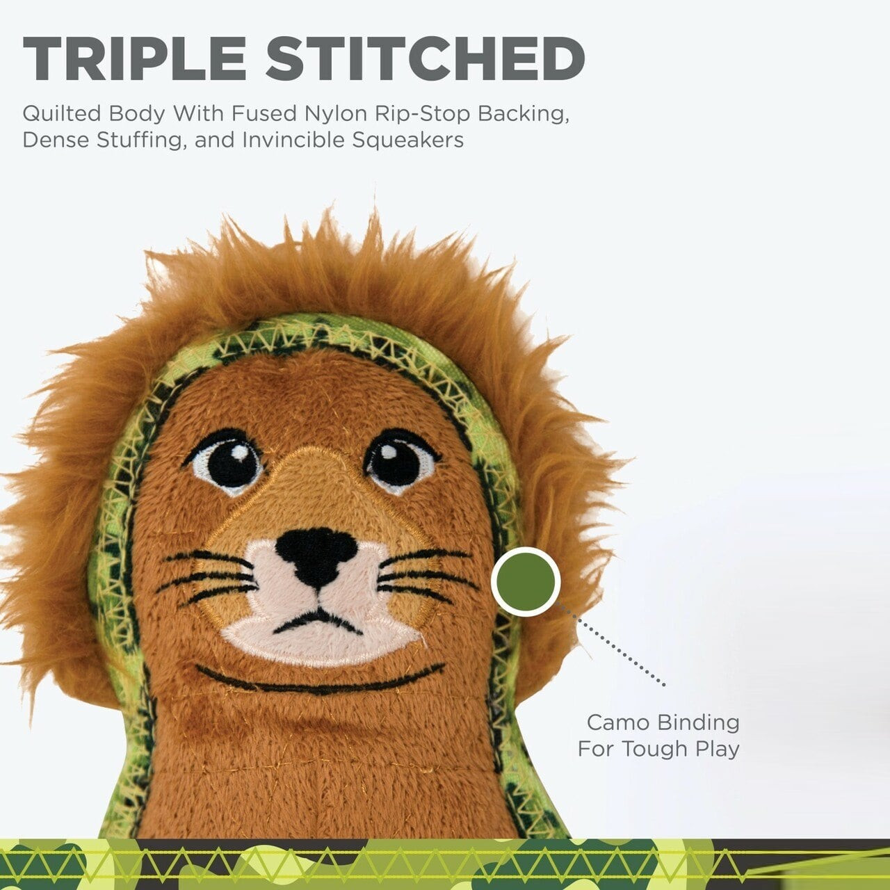 Outward Hound Xtreme Seamz Squeaker Dog Toy in lion design, featuring durable quilting and squeakers.