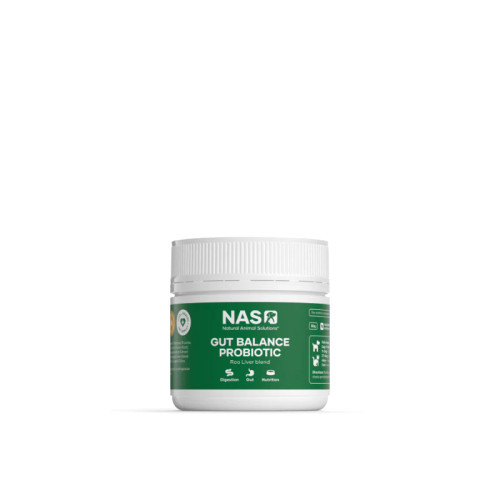 NAS Gut Balance Probiotic in a green 80g container for optimal gut health in pets.