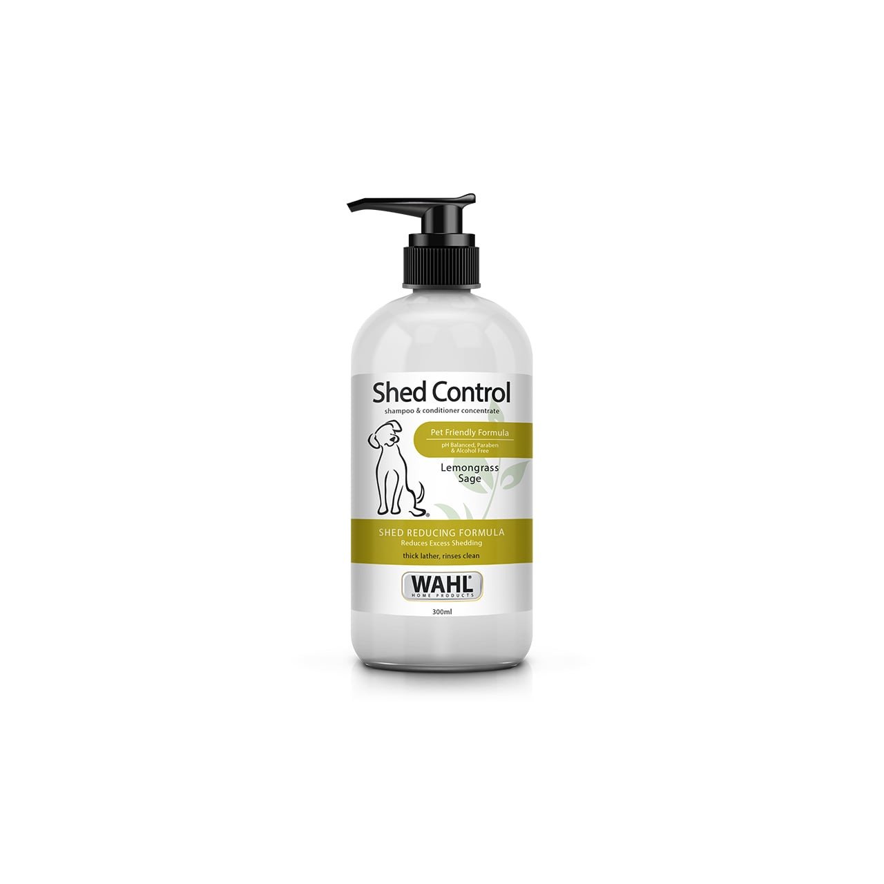 Wahl Shed Control Shampoo 300ml in a pump bottle, designed to reduce shedding in dogs.