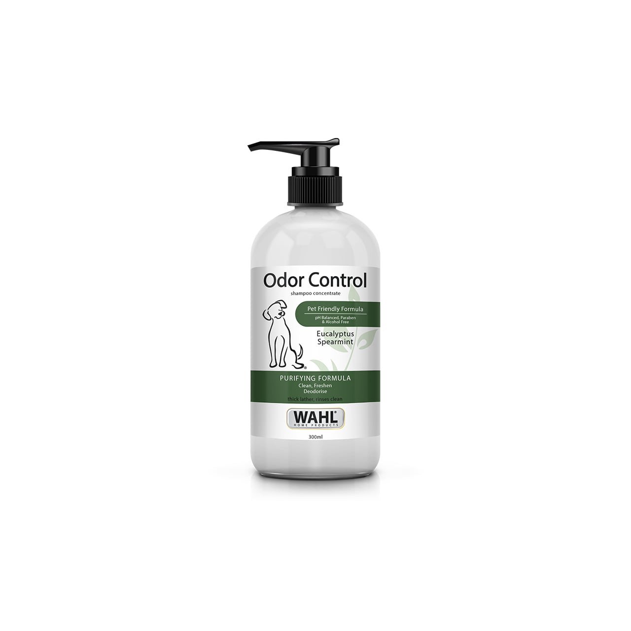 Wahl Odor Control Shampoo 300ml bottle with pet-friendly eucalyptus formula for odor removal.