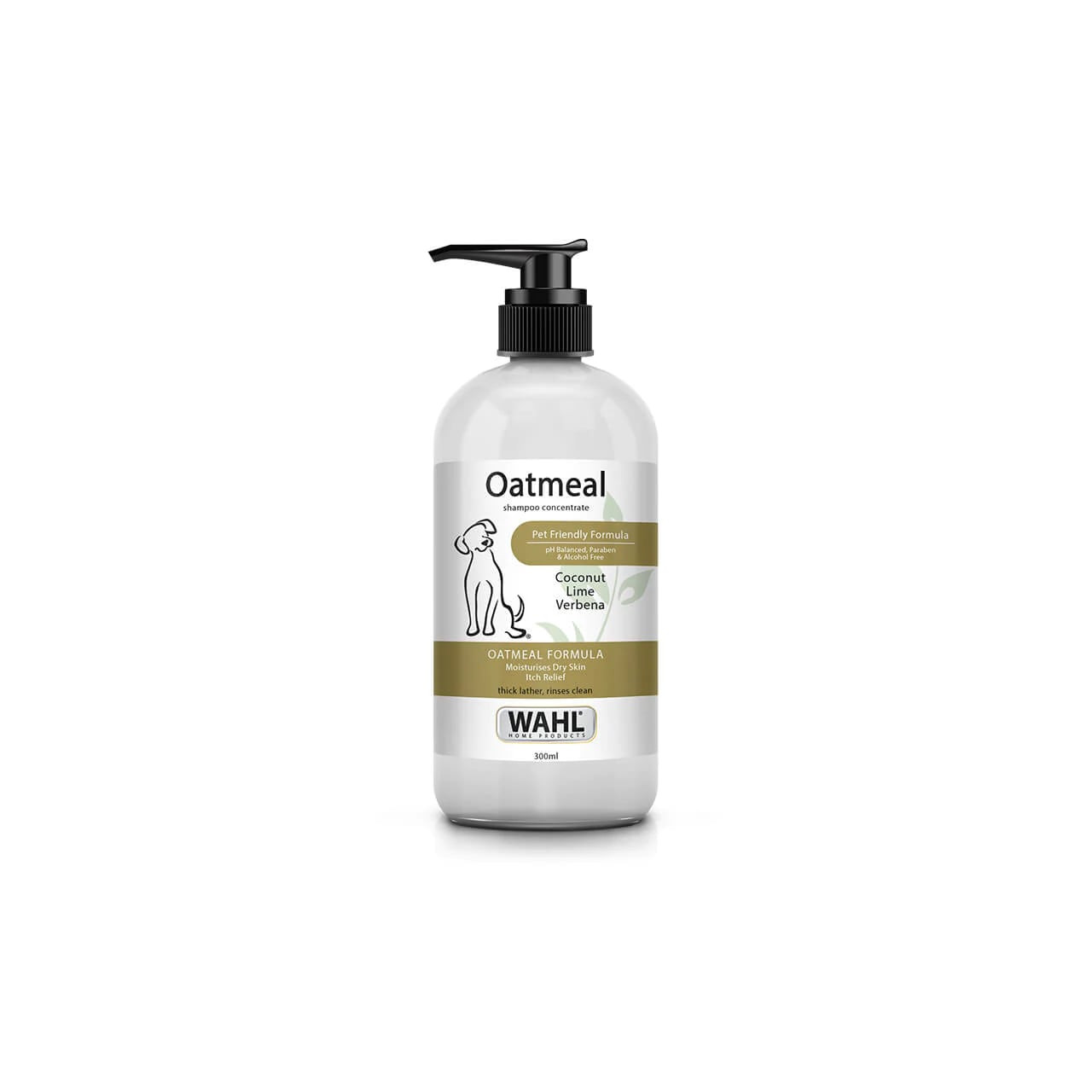 Wahl Oatmeal Shampoo 300ml bottle with pump, featuring coconut and verbena scent for pet health.